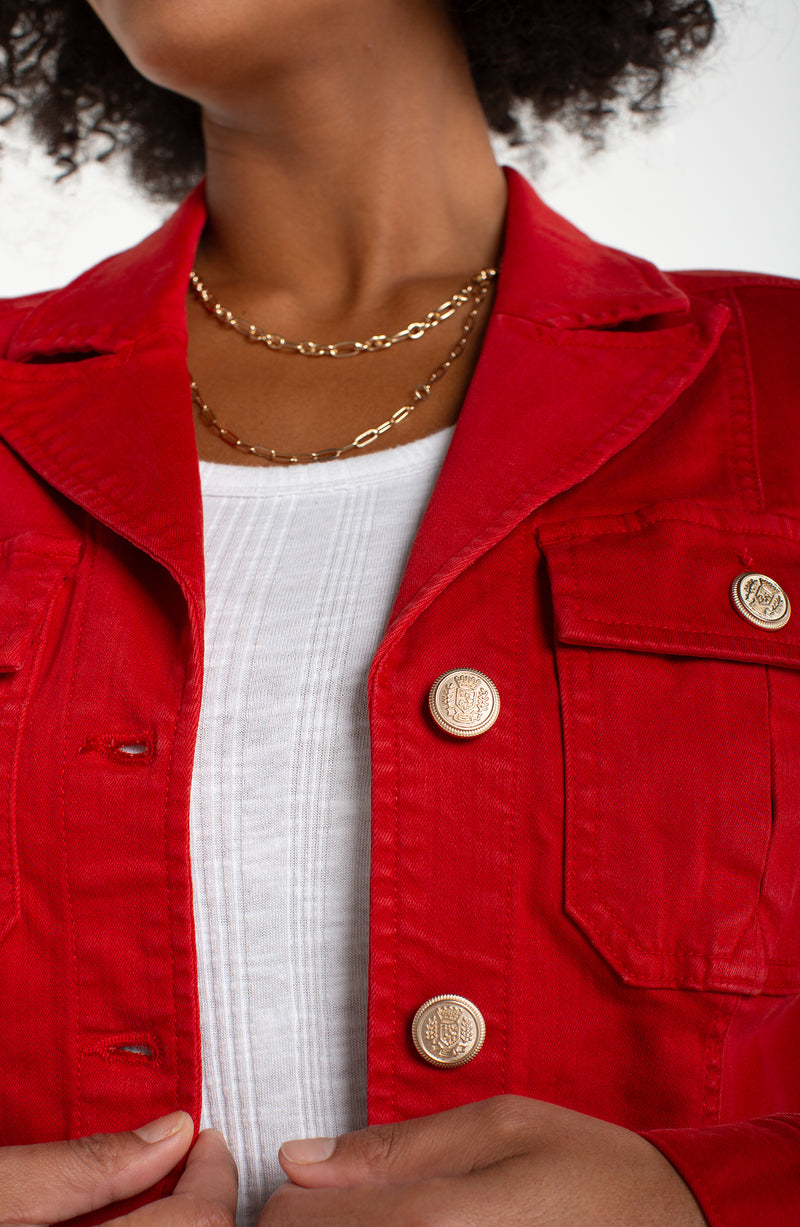 peplum twill trucker jacket | fire brick