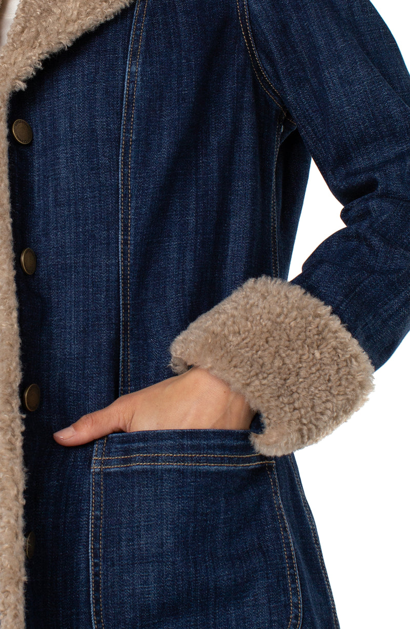 faux shearling trim denim coat