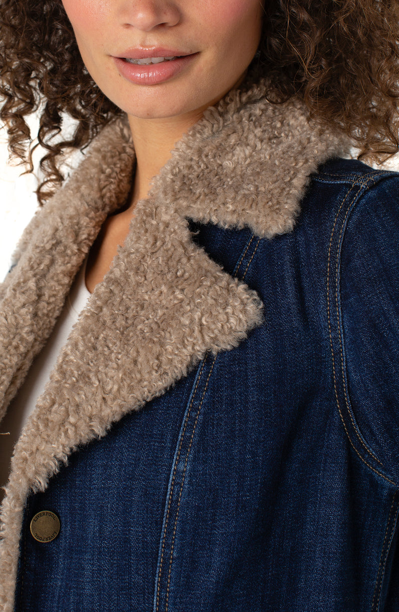 faux shearling trim denim coat