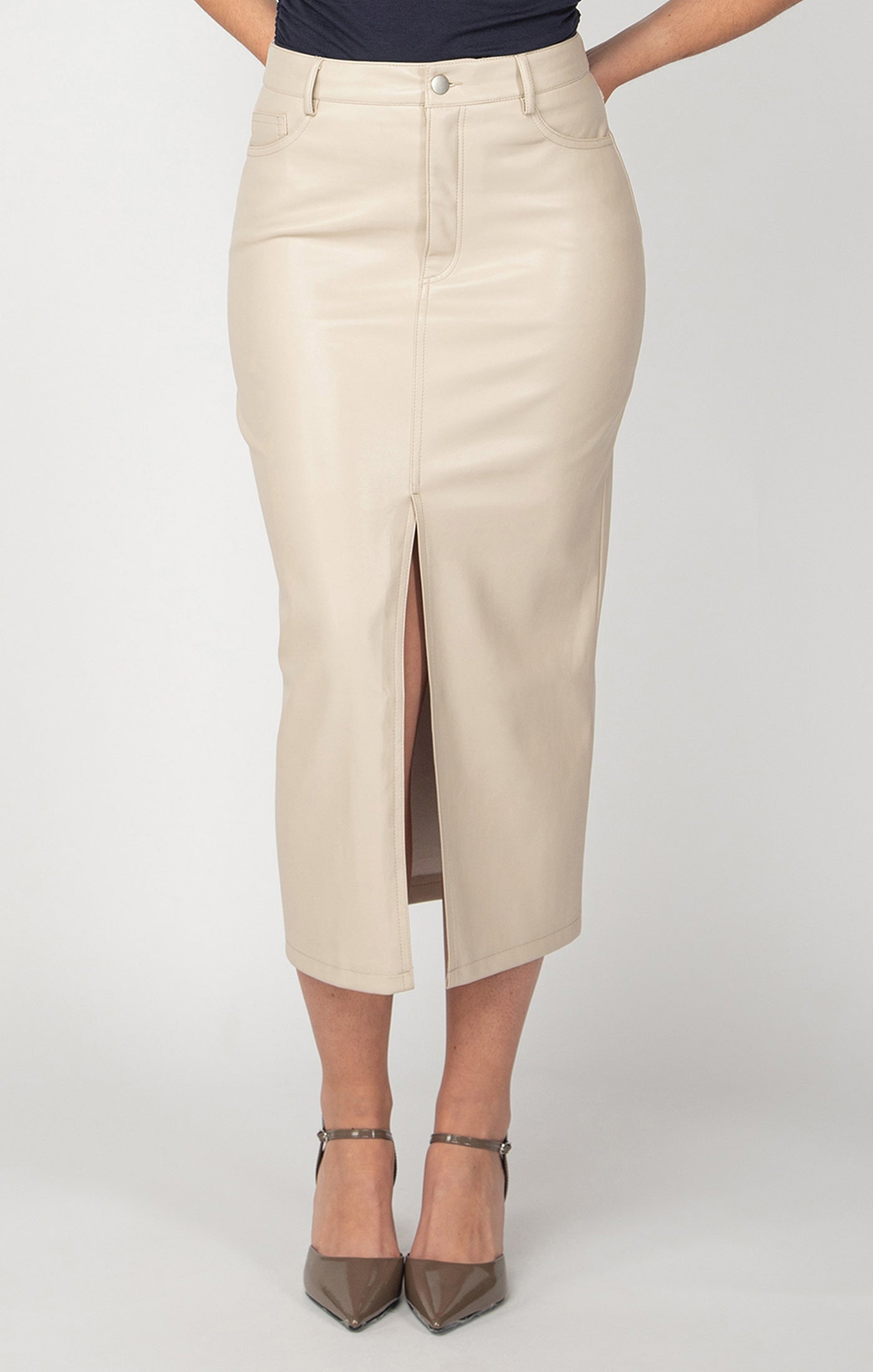 faux leather midi skirt | cream beige – allure boutique