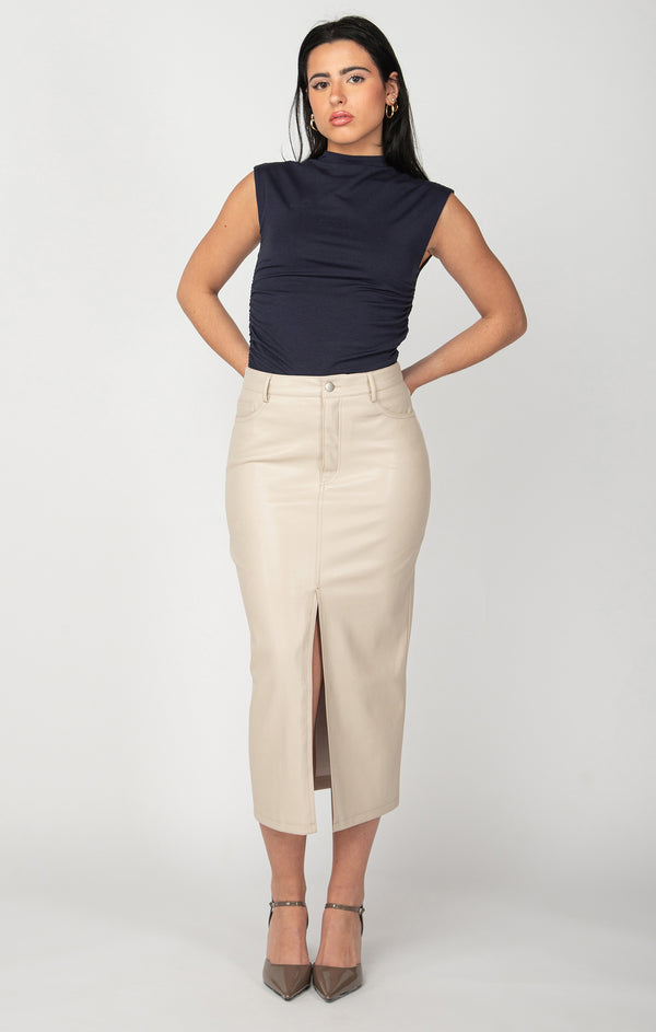 faux leather midi skirt | cream beige