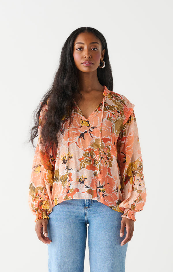 smocked shoulder floral blouse