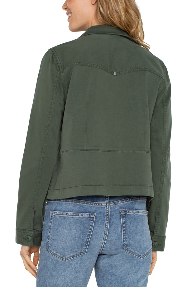 peplum twill trucker jacket | moss green