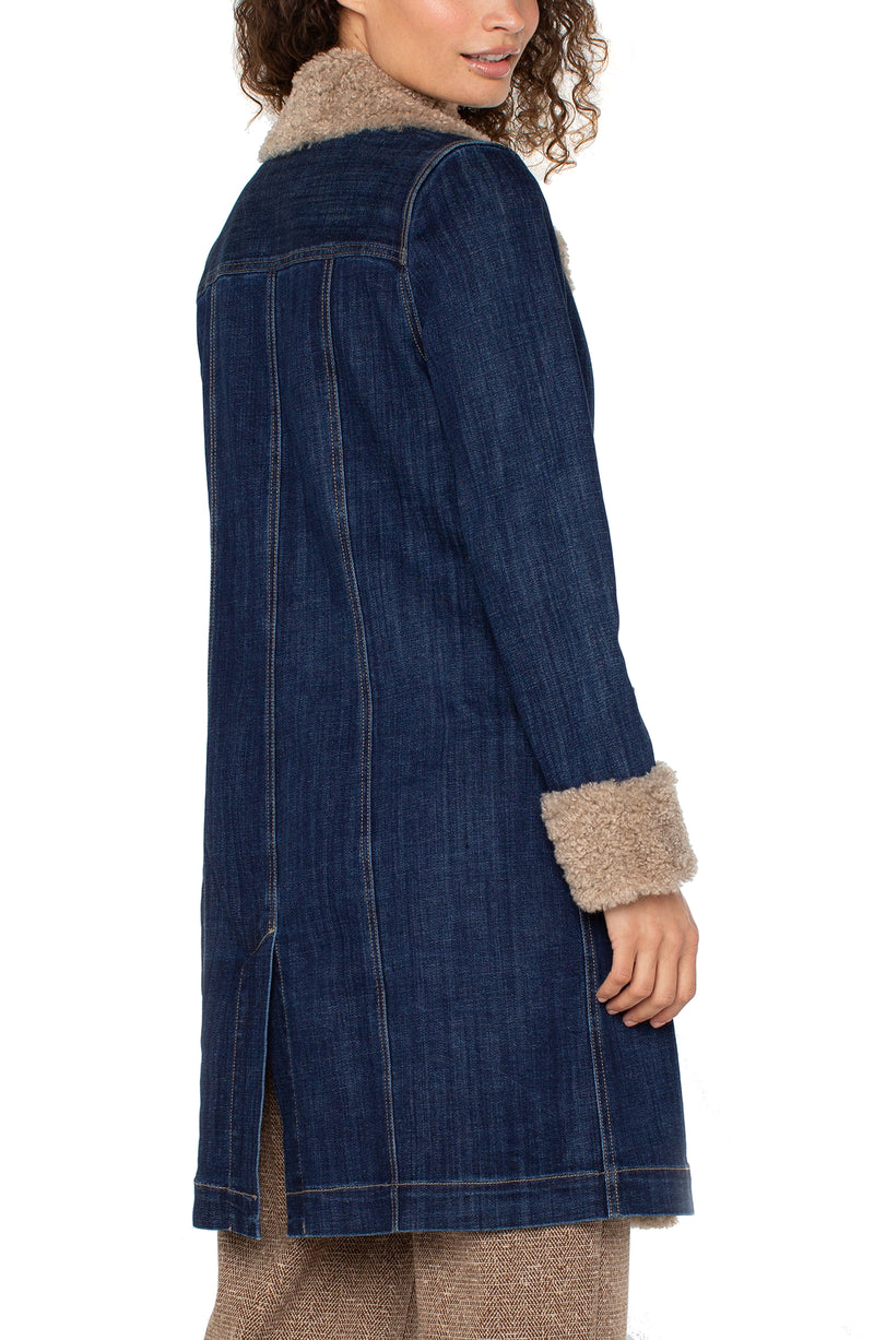 faux shearling trim denim coat