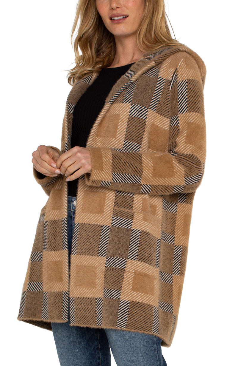 camel check sweater coat with hood