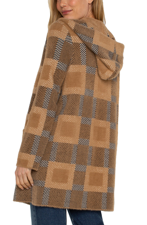 camel check sweater coat with hood