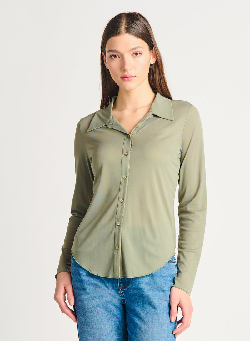 mesh grey sage button front