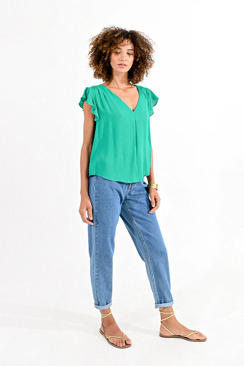 ruffle sleeve top | emerald