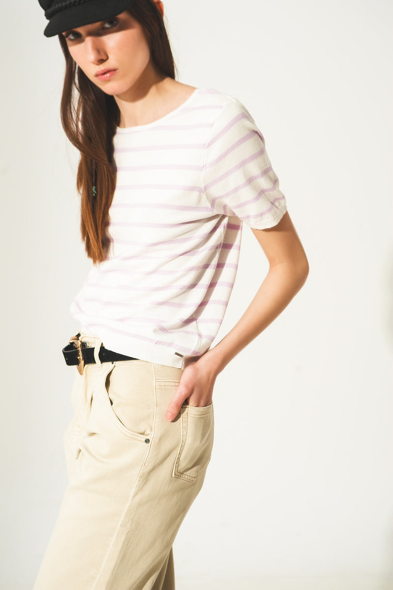 lilac lace up stripes top