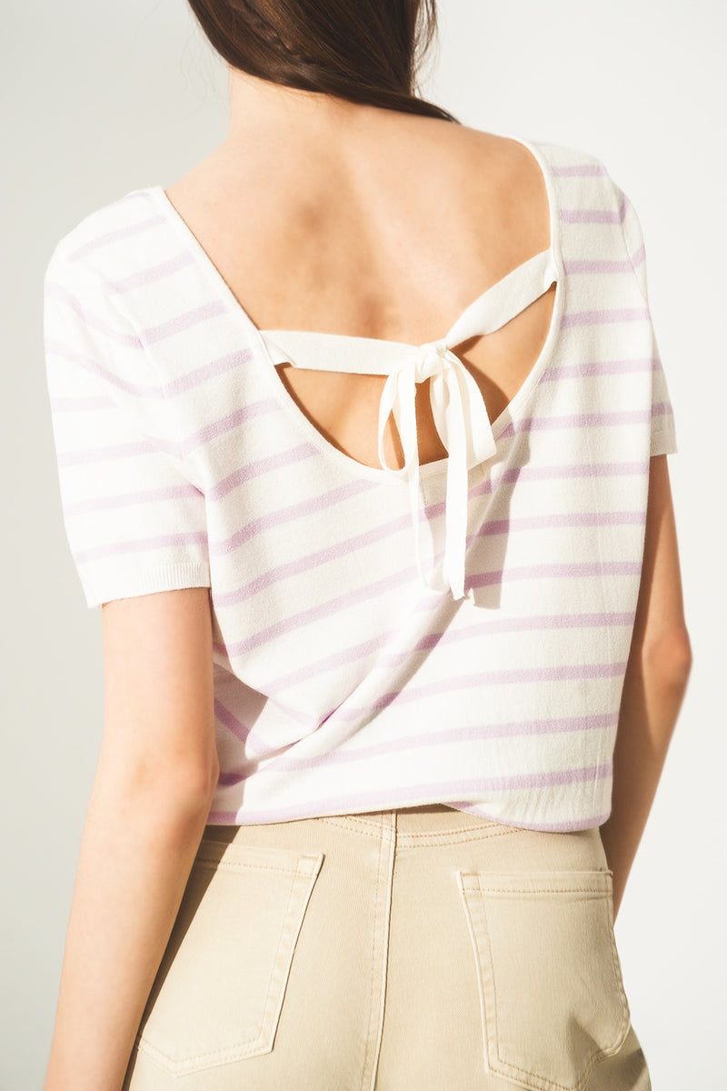 lilac lace up stripes top